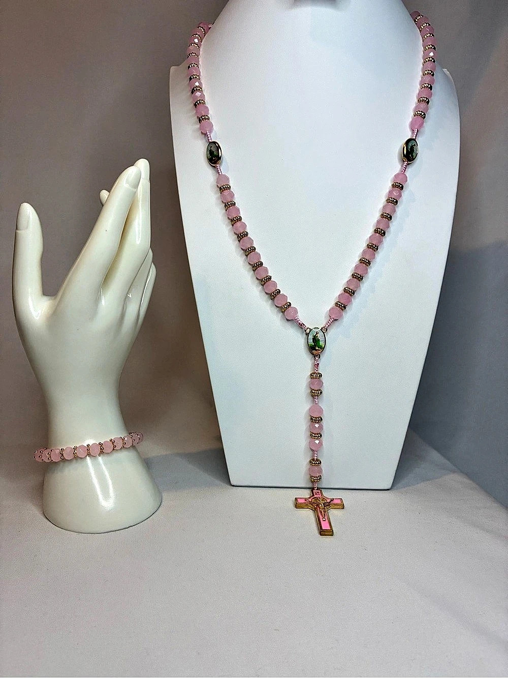 Pink Beaded Cross Pendant Rosary Set